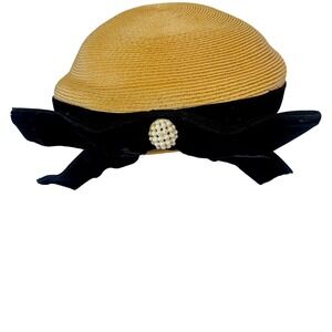 Vtg Straw Pillbox Hat‎ Black Velvet Bow Faux Pearl Accent Dome Tan Mid Century